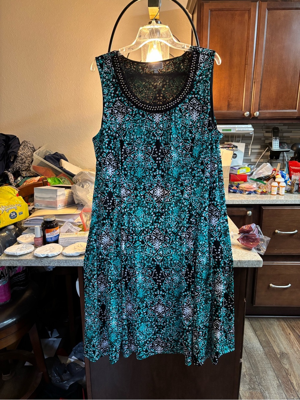 JM Collection Black Dress with Green & Gold Accents